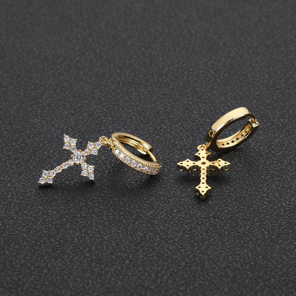 Geometric Cross Stud Earrings with Cubic Zirconia in Gold or White Gold