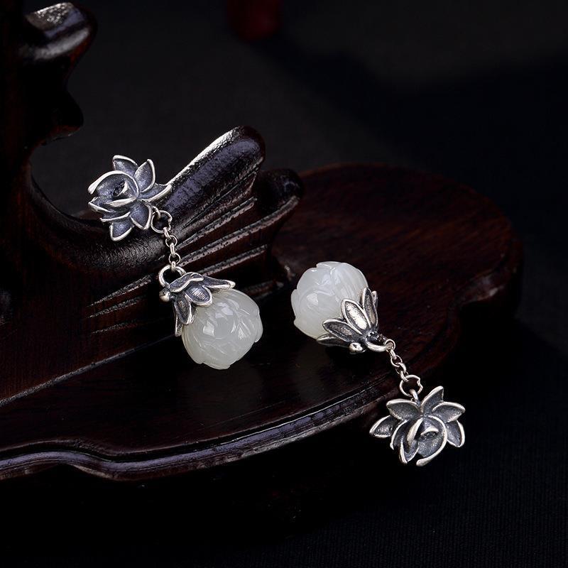 Retro Distressed Lotus Ear Sier-plated Imitation Jade Chinese Style For Earrings