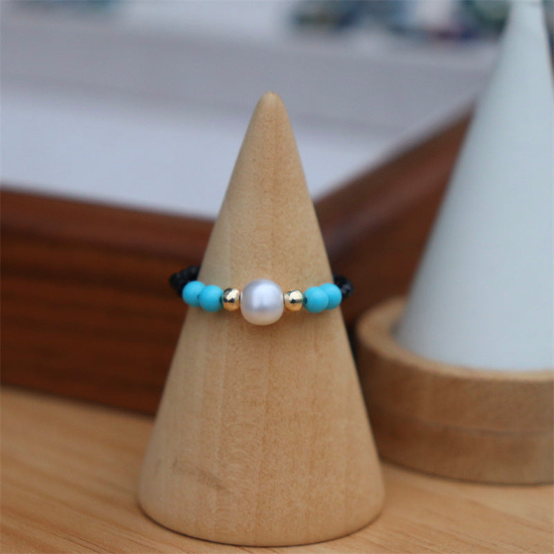 Simple Fashion White Black Pointed Crystal Stretch Freshwater Pearl Agate Rings
