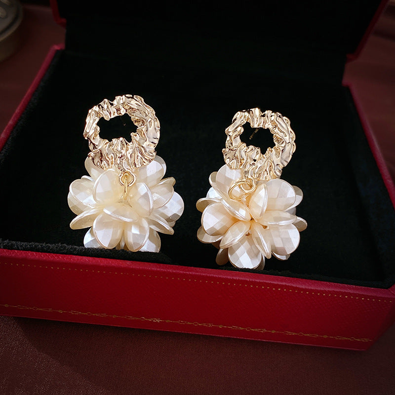 Women's Flower Sier Pin Simple Advanced Pleated Metal Temperament Petals Earrings