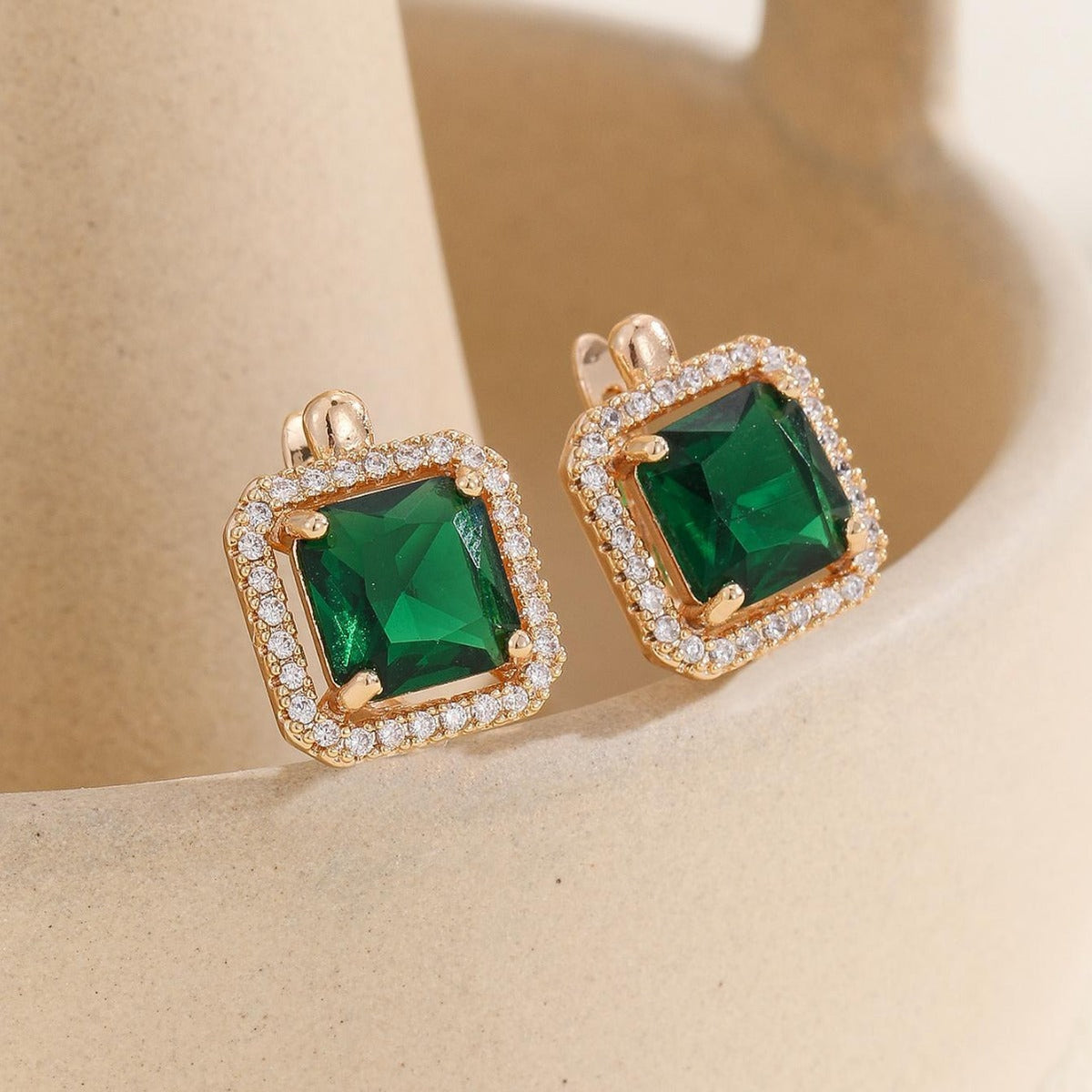 Women's Fashion Emerald Copper Small Retro Affordable Luxury Geometric Square Zircon Earrings