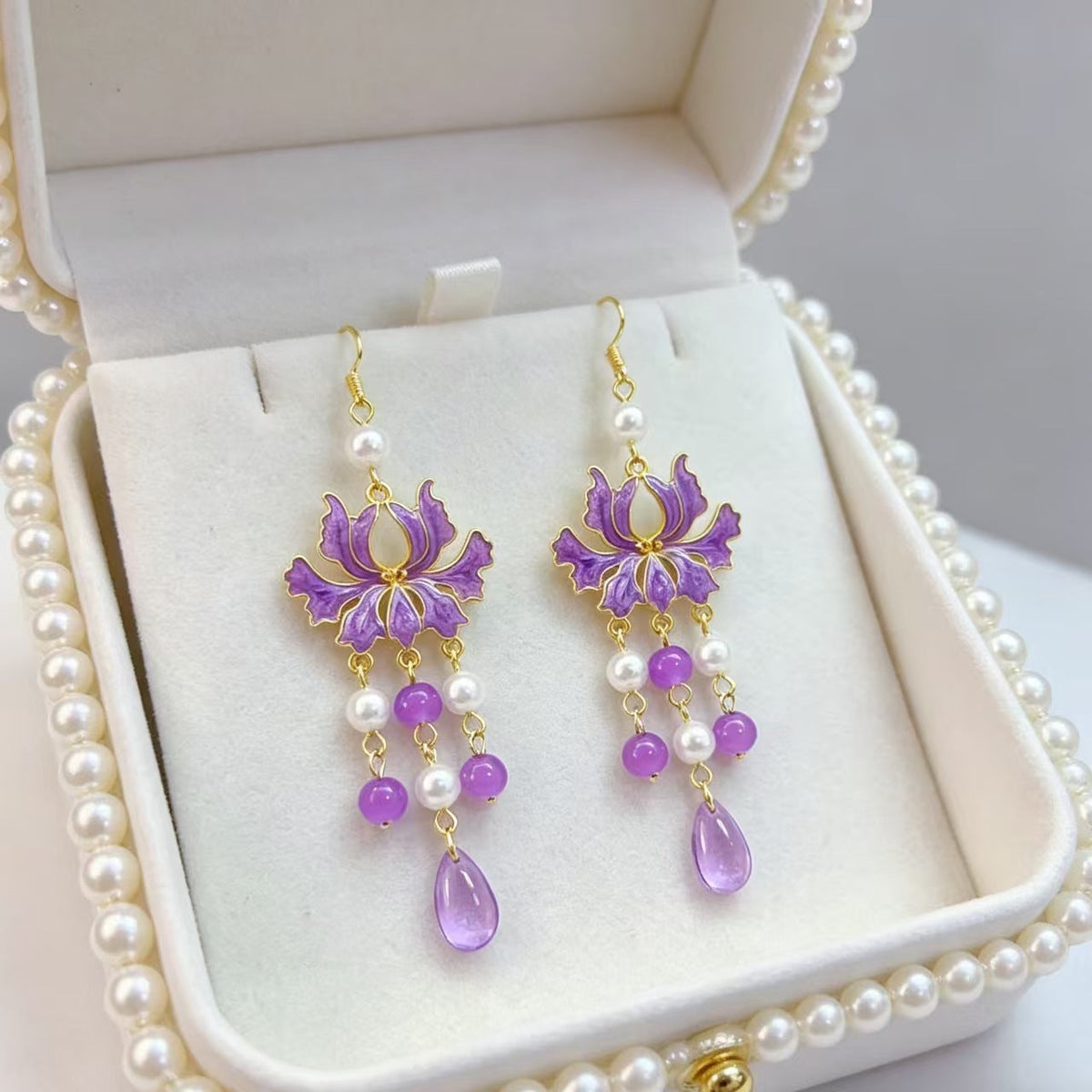 Chinese Style Purple Lotus Tassel Light Luxury Ancient Han Clothing Earrings