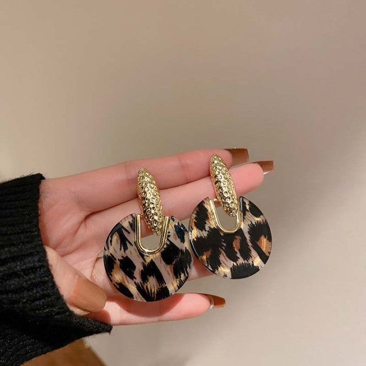 Women's Needle Coffee Color Series Leopard Print Geometric High-grade Temperament Stud Earrings