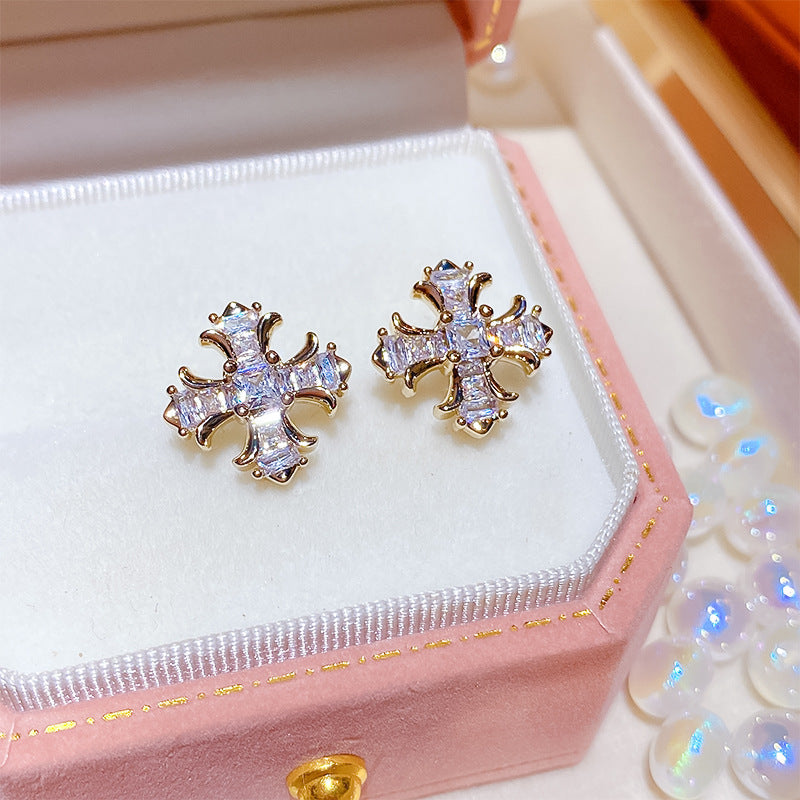 French Style Vintage Cross Zircon Female Sier Needle Unique Personality Rings