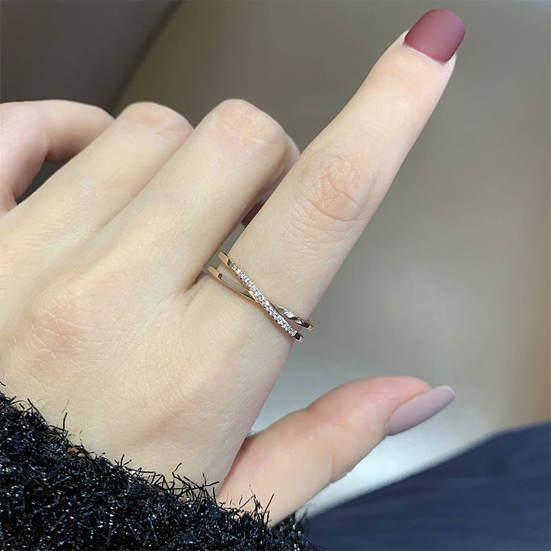 Style X Word Cross Micro Rhinestone Rose Gold Female Hipster Ring