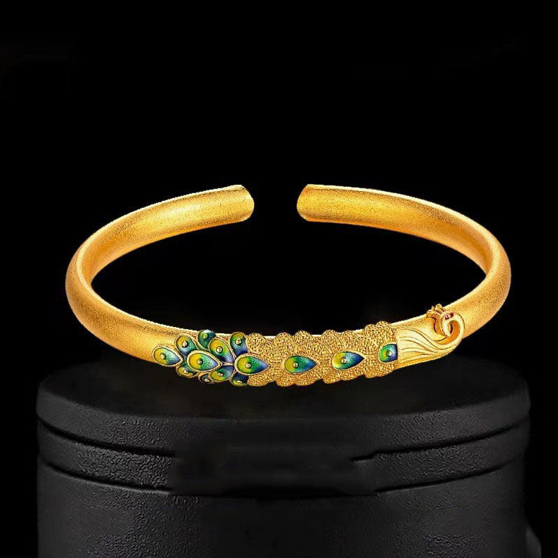 Women's Peacock Chinese Brass Gold Plated Solid Opening Bracelet