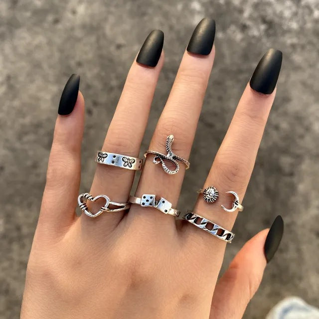 Alloy Chain Vintage Crying Face Poker Hollow Love Ring