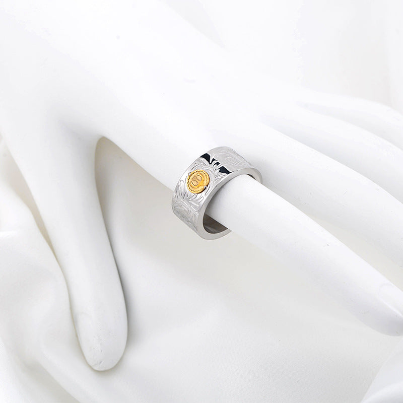 Trendy Retro Titanium Steel Wide-faced Indian Tang Grass Ring
