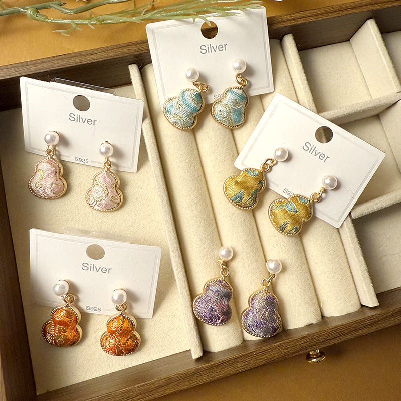 Women's Dynasty Brocade Gourd For Sier Needle Pearl Earrings