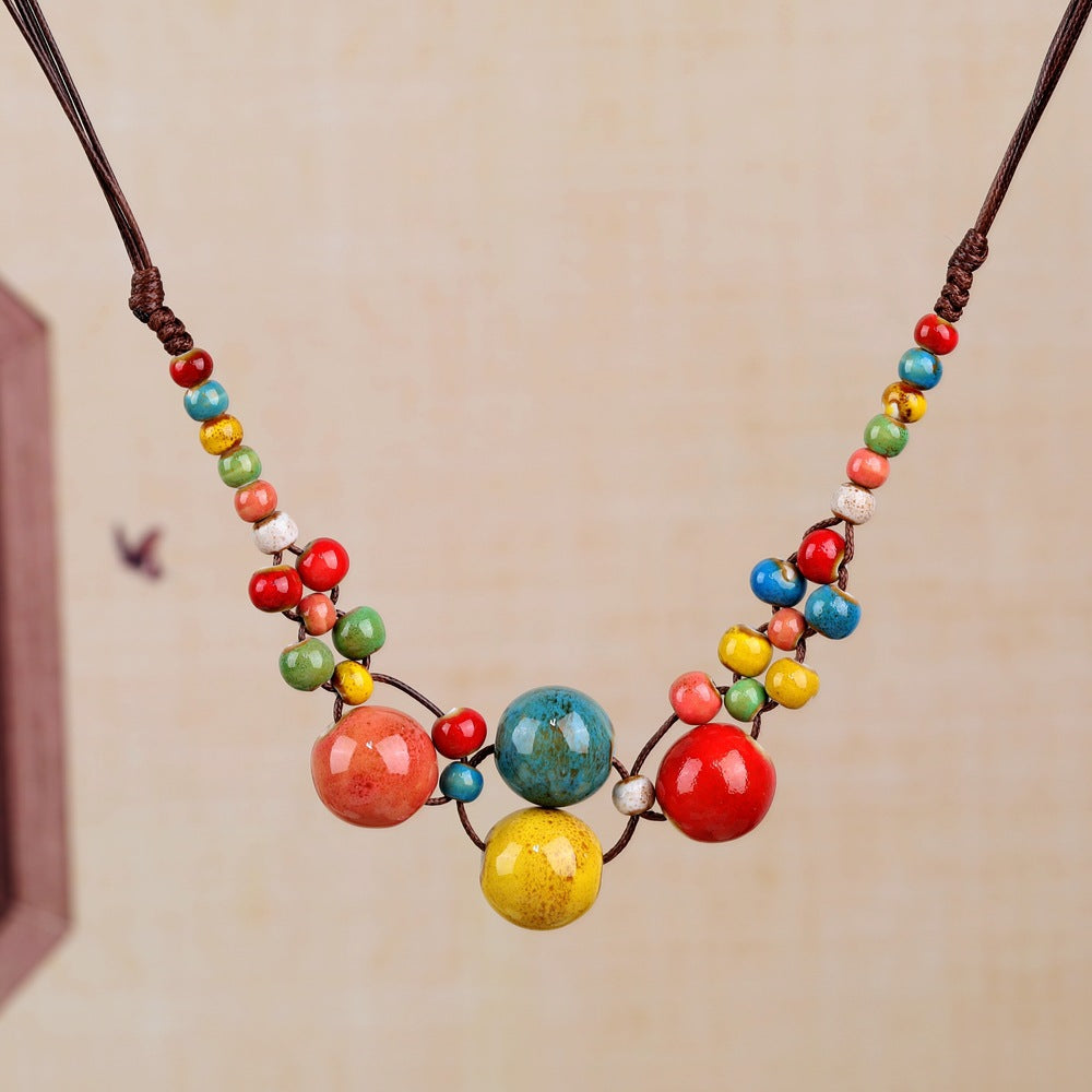 Women's Retro Ethnic Style Ceramic Butterfly Bell Fashionable Necklace