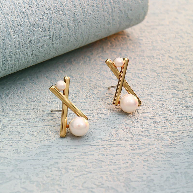 Women's Needle Cross Design Geometric X-shaped Pearl Simple Earrings