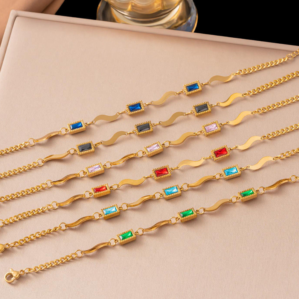 Birthday Crystal Stone Ocean Wave Titanium Steel Square Bracelet