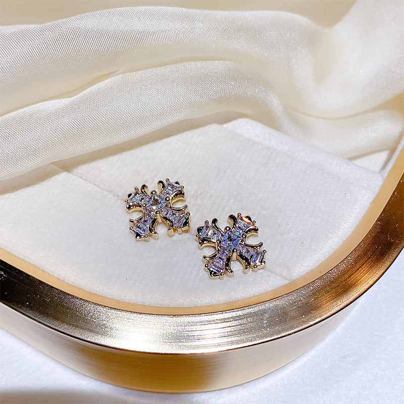 French Style Vintage Cross Zircon Female Sier Needle Unique Personality Rings
