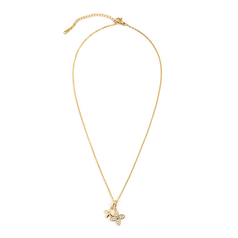 Women's Titanium Steel Design Diamond Double Clover Fashion Necklace