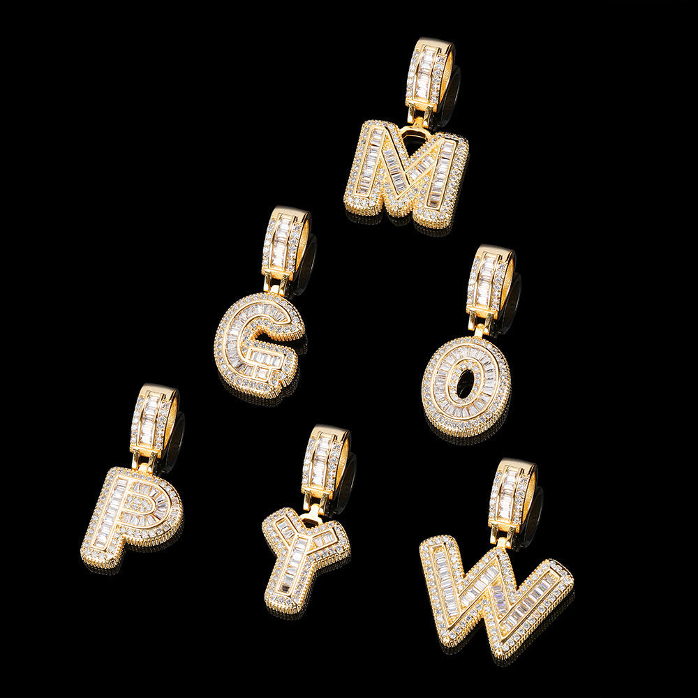 Hip Hop Letter Pendant Necklace with Cubic Zirconia in Gold or White Gold