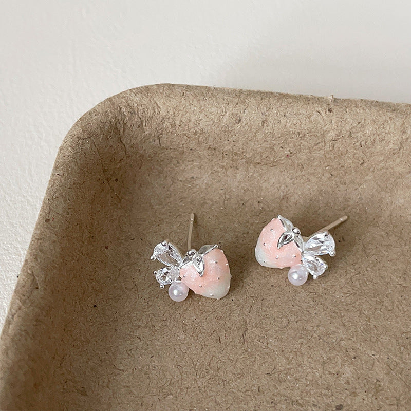 Sweet Gradient Pink Strawberry Pearl Zircon Female Earrings