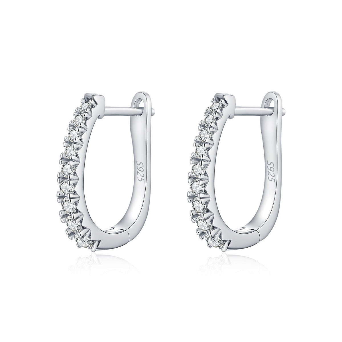 U-Shaped Sterling Silver Hoop Earrings with Pavé Zirconia Stones