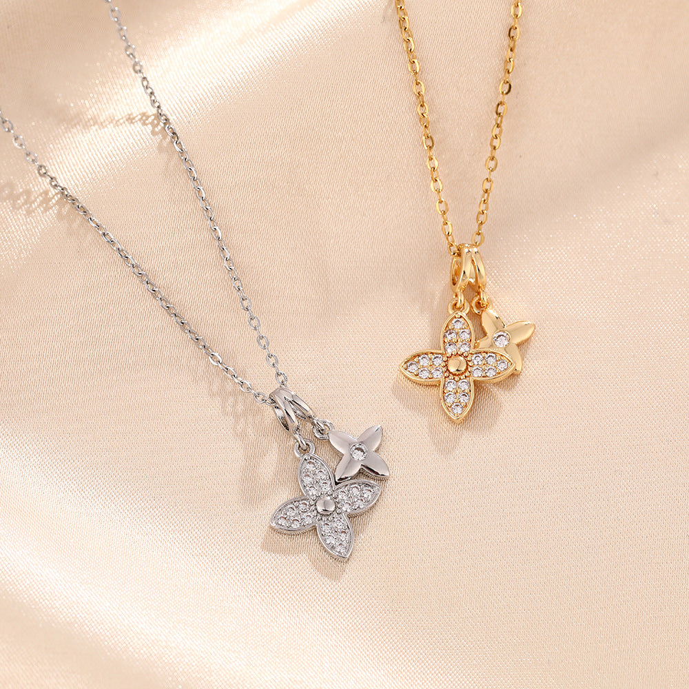 Women's Titanium Steel Design Diamond Double Clover Fashion Necklace