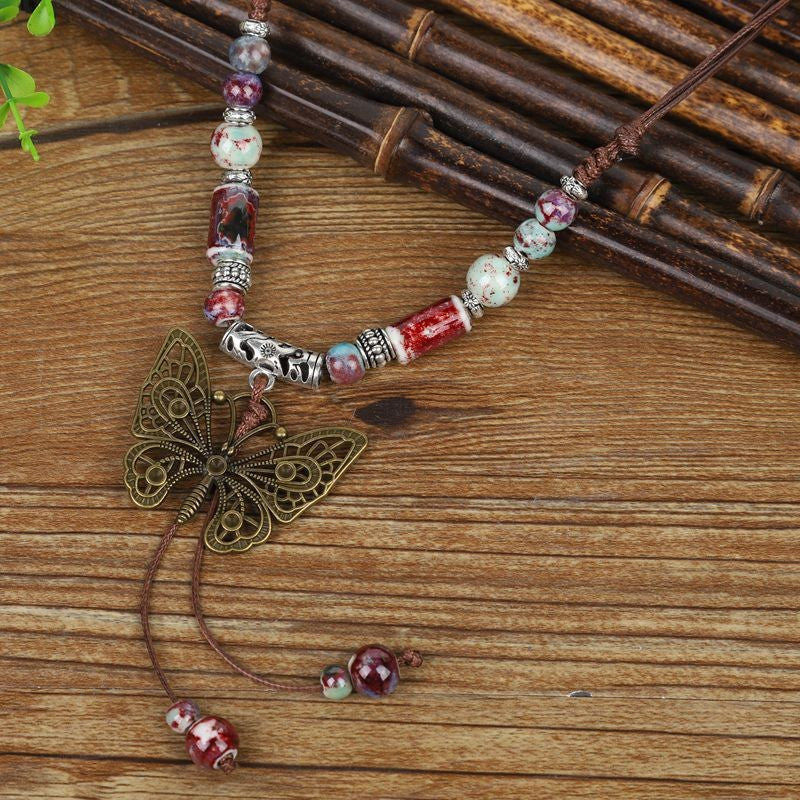Women's Retro Ethnic Style Ceramic Butterfly Bell Fashionable Necklace
