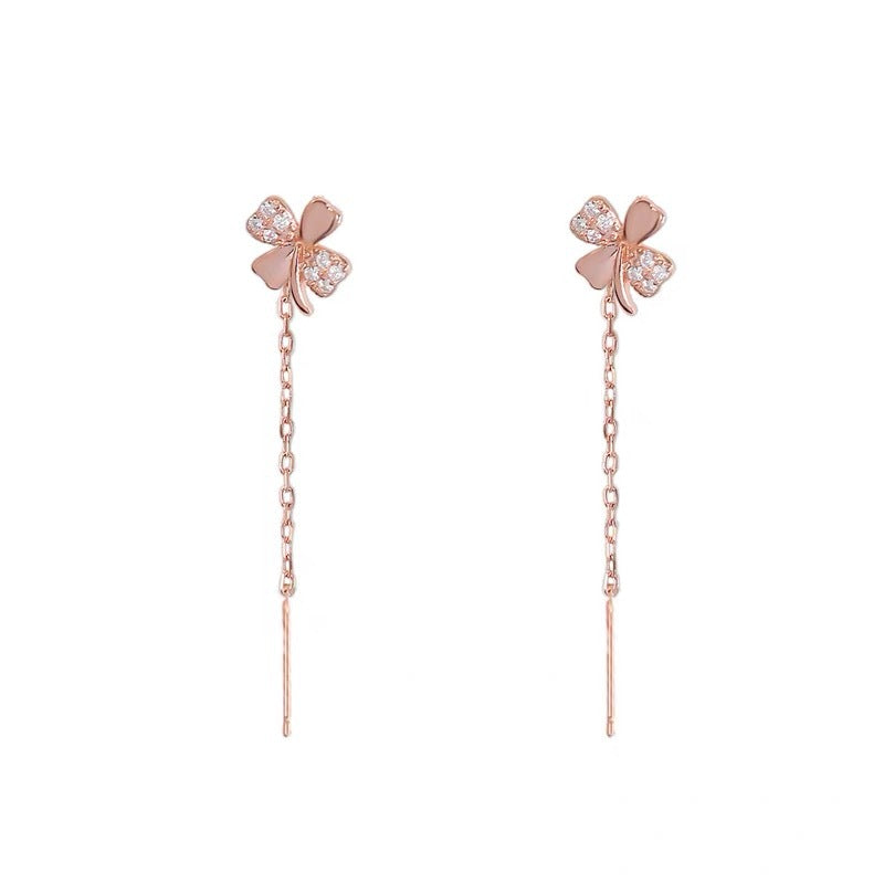 Women's Four Leaves Clover Tassel Niche Temperament Long Round Face Slimming Earrings