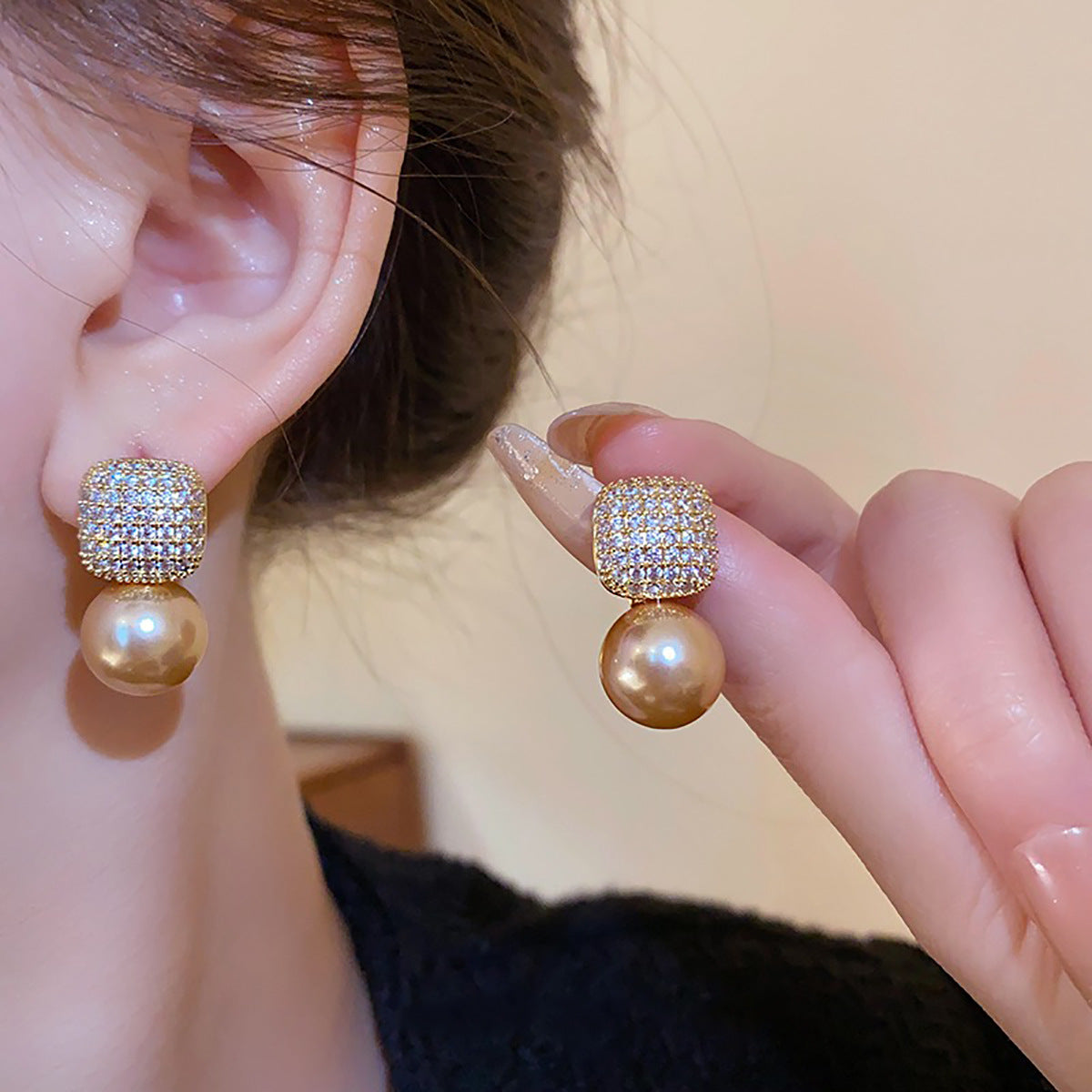 Square Inlaid Zircon Champagne Pearl Lady Temperamental High-grade Rings