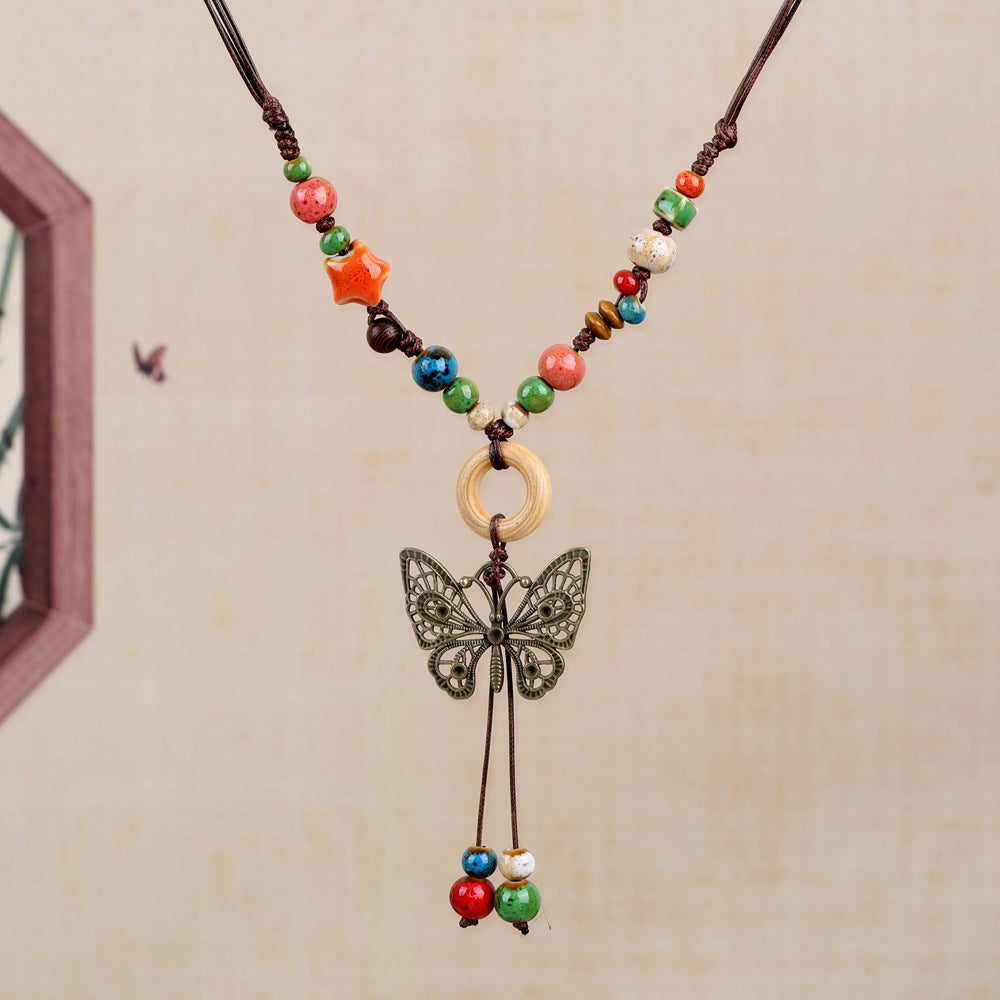 Women's Retro Ethnic Style Ceramic Butterfly Bell Fashionable Necklace
