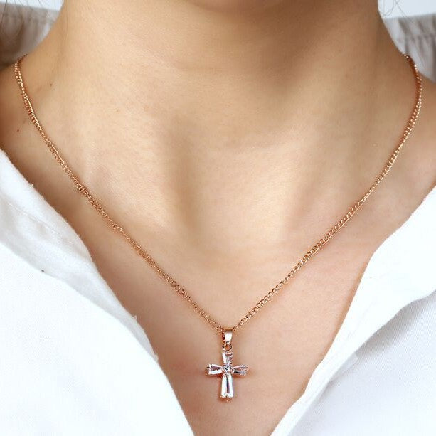 Rose Gold Cross Crystal Stylish Simple Personality Zircon Necklace