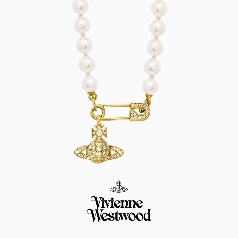Women's Sterling Sier Classic Saturn Pearl Pin Necklaces
