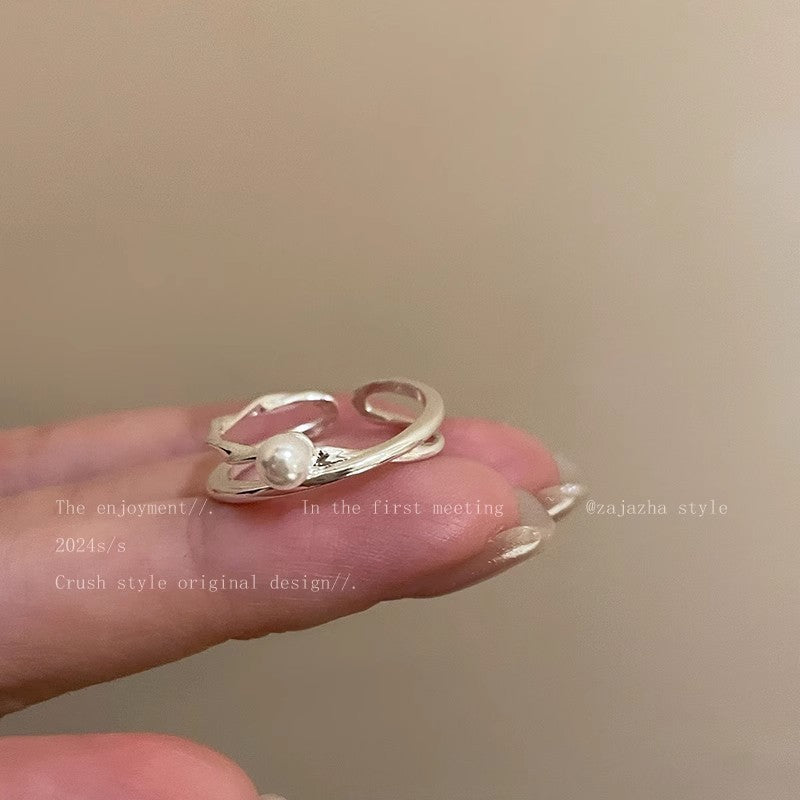 Women's Sier Bow Pearl Light Luxury Switchable Index Finger Design Fashion Ring