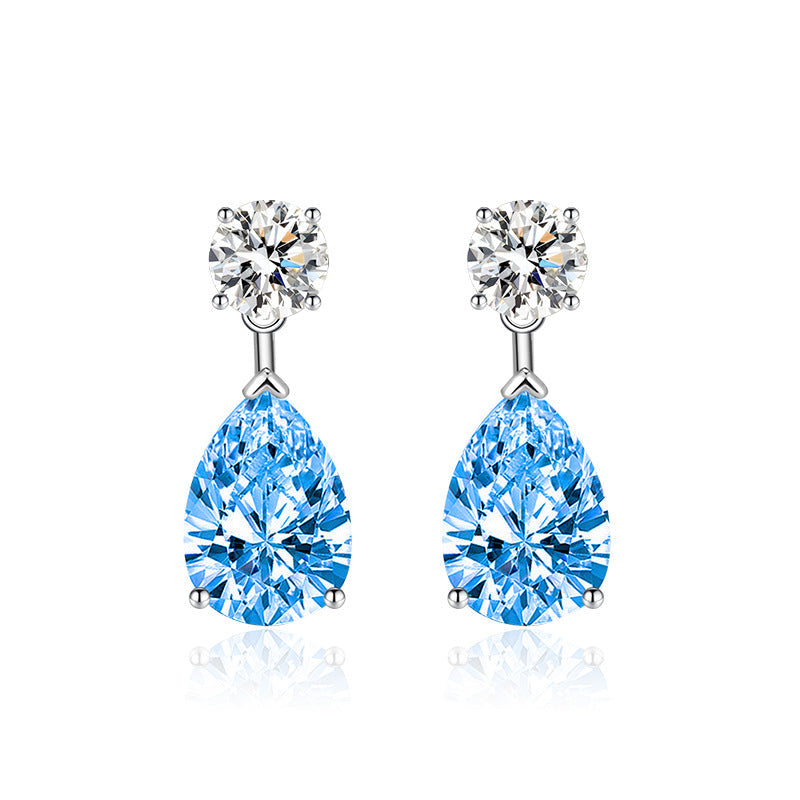 Women's Sier Needle Water Drop-shaped Inlaid Oval Sapphire Colored Gems Long Earrings