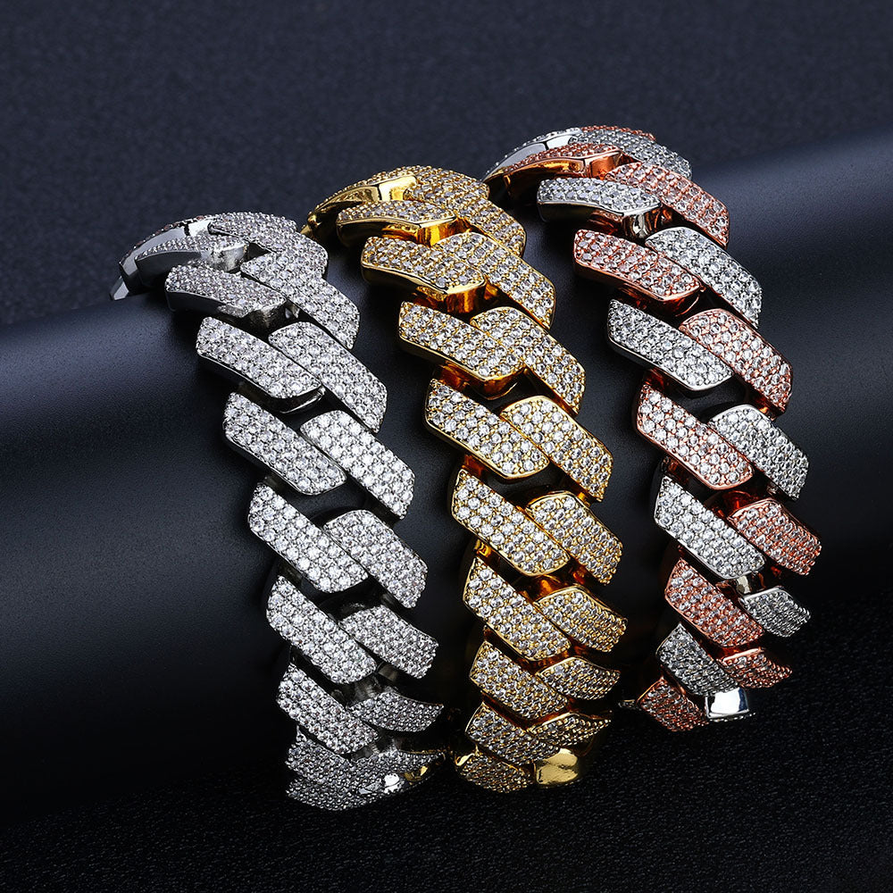 Triple-Row Cuban Link Chain Bracelet with Diamond-Cut Rhinestones in Gold, White Gold, or Two-Tone