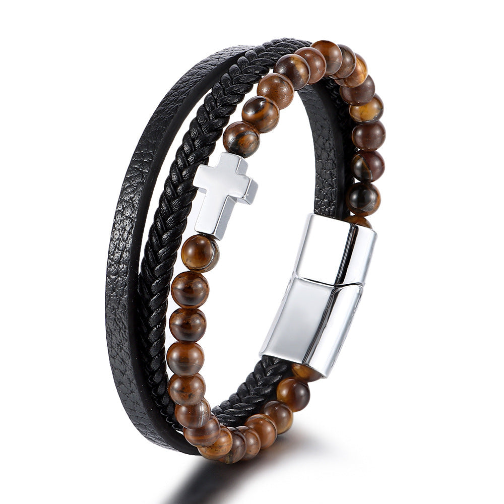 Men's Natural Tigereye Beaded Cross Woven Leather Bracelets
