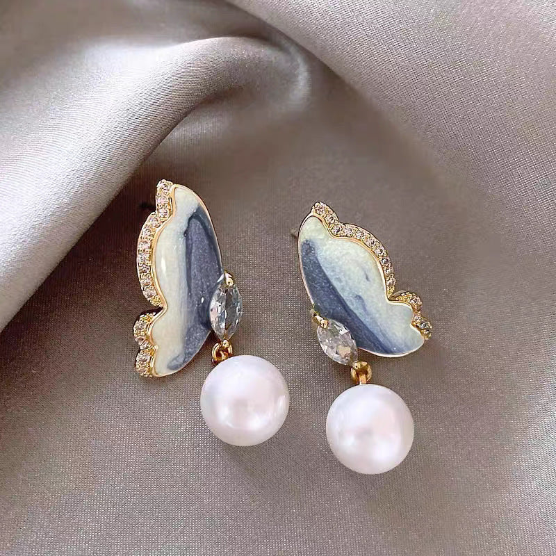 Pearl Dripping Oil Gradient Butterfly Female Fashion Earrings