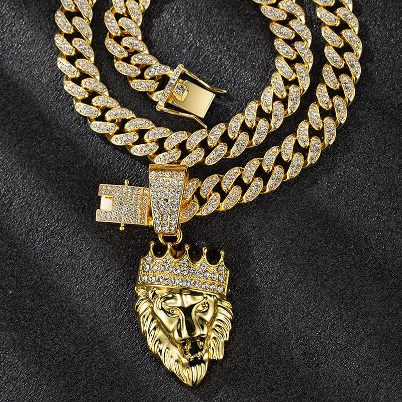 Men's Long Cuban Link Chain Crown Lion's Head Necklaces