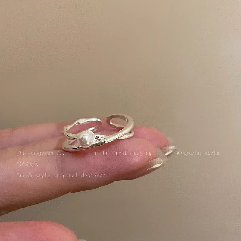 Women's Sier Bow Pearl Light Luxury Switchable Index Finger Design Fashion Ring