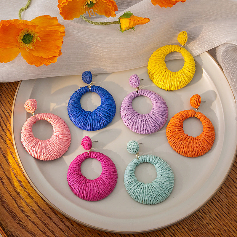 Women's Style Round Colorful Raffia Woven Hollowed Earrings