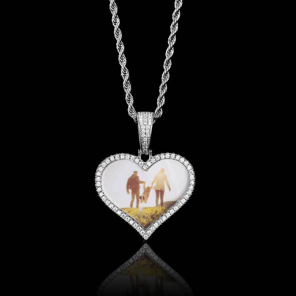 Heart-Shaped Photo Pendant Necklace with Zirconia Accents in Brass – Hip Hop Style