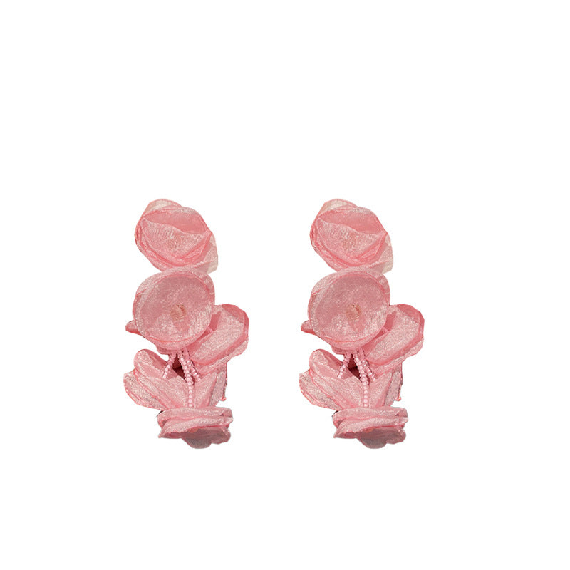 Women's Sier Needle Crystal Flowers Long Mori Earrings