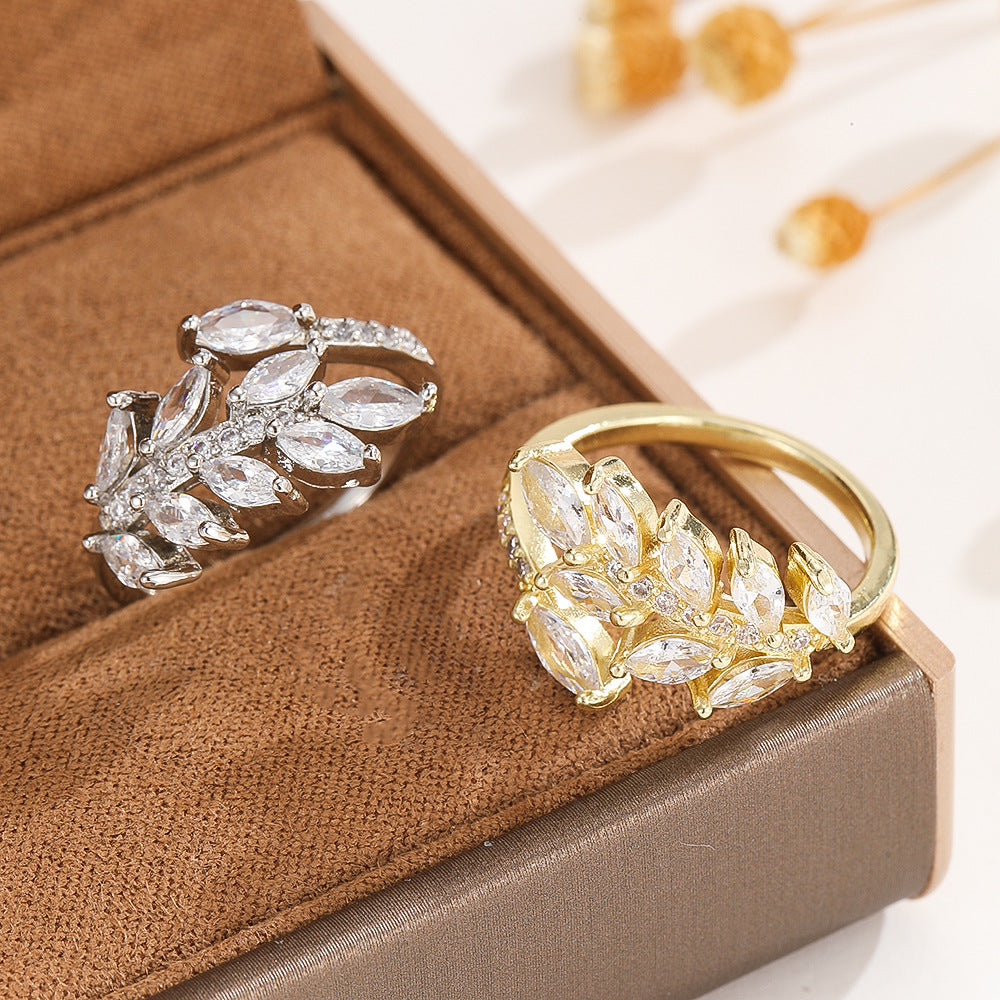 Delicate Leaves Open Light Luxury High Sense Zircon Index Rings