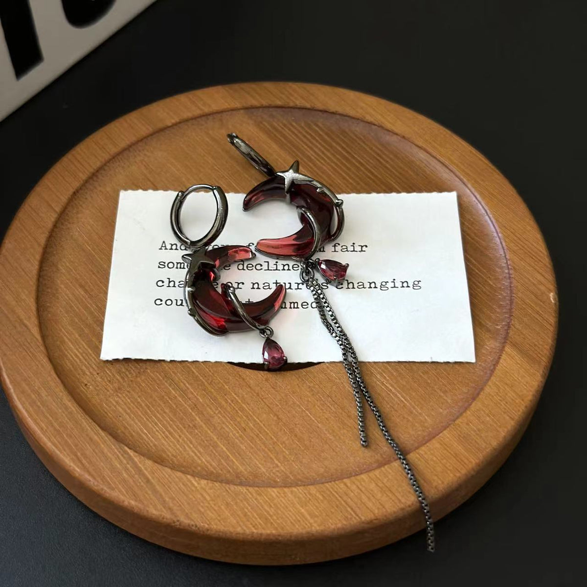 Red Crescent Tassel Chinese Style Asymmetric Design Advanced Niche Personality Earrings