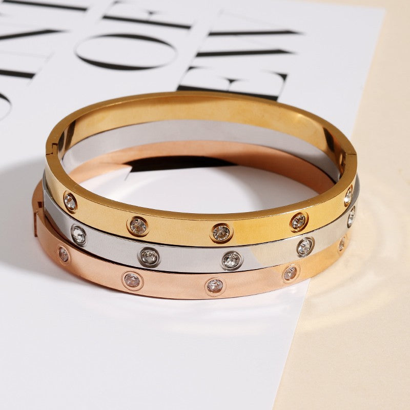Oval Diamond Full Rhinestone Zircon Titanium Solid Bracelet