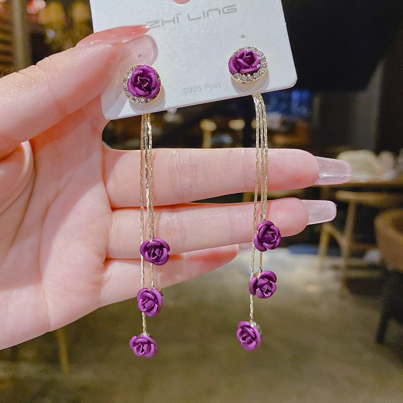 Women's Needle Red Rose Tassel For Trendy Korean Style Simple Design Earrings