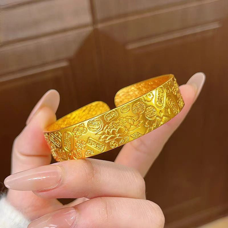 Women's Lotus Lucky Words Artificial Gold-plated Wide Face Fu Bracelet