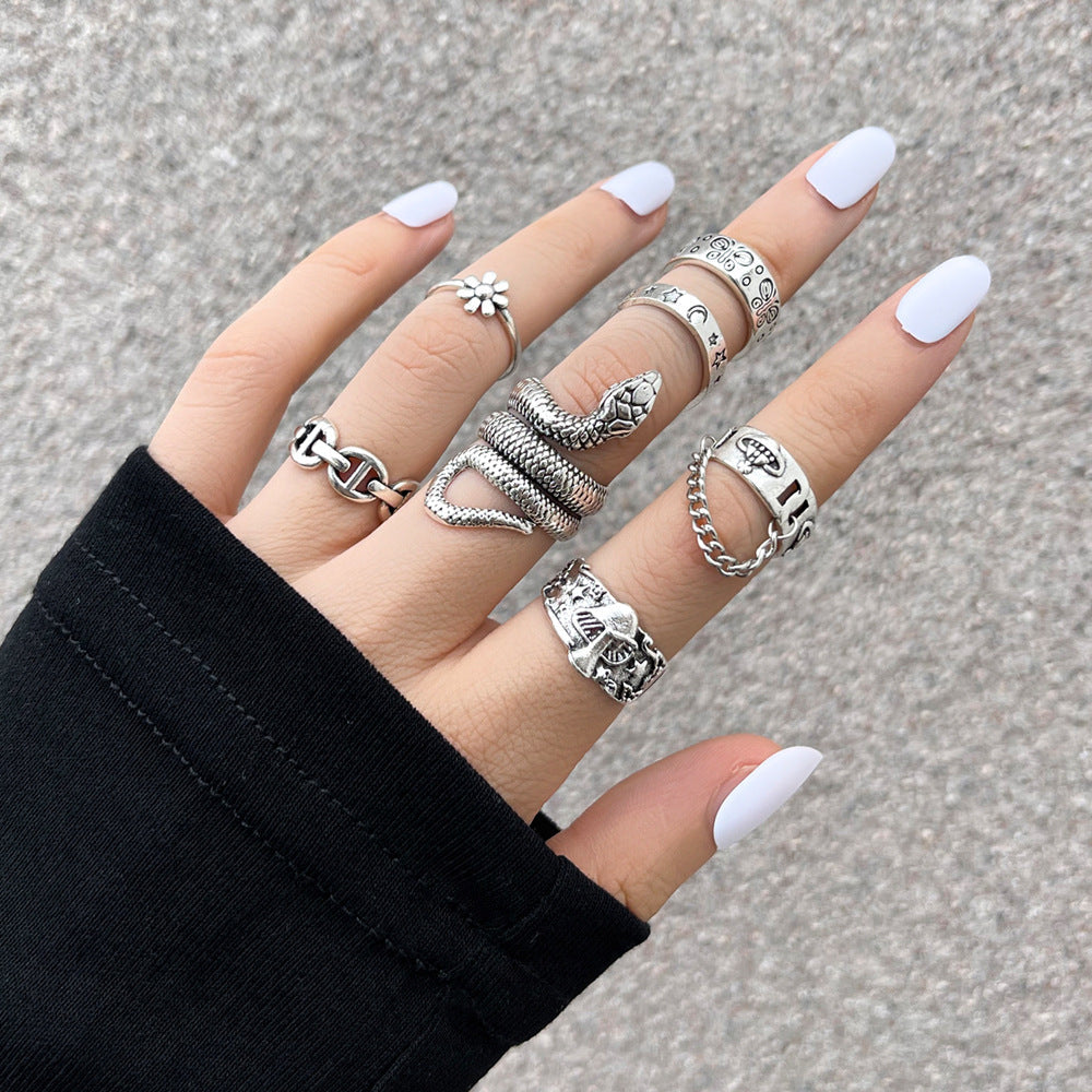 Alloy Chain Vintage Crying Face Poker Hollow Love Ring