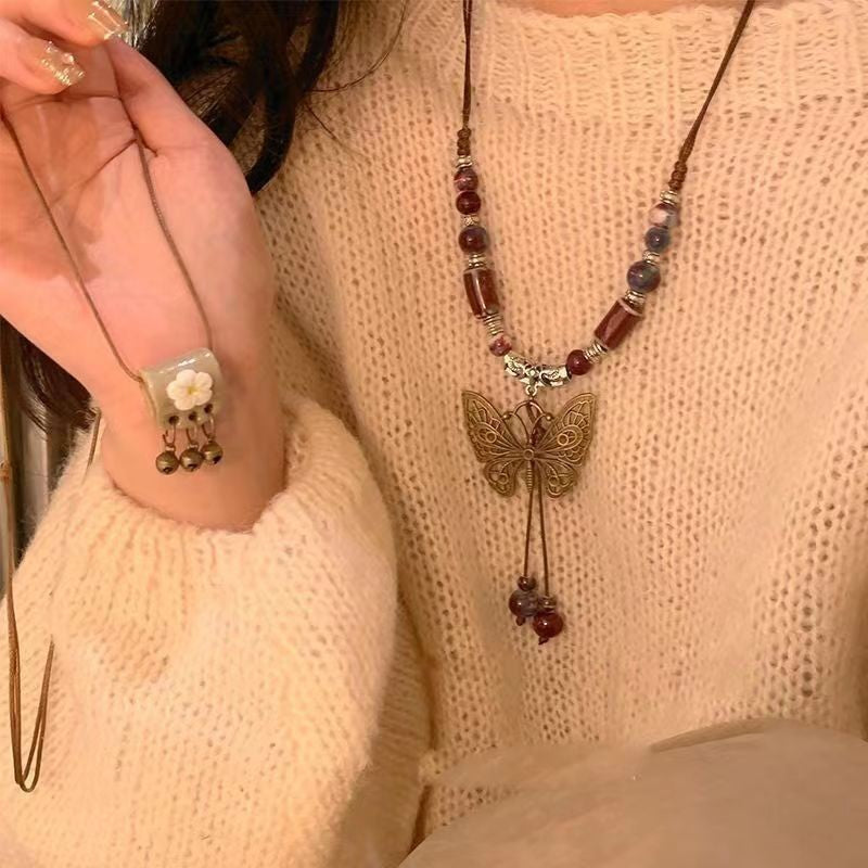 Women's Retro Ethnic Style Ceramic Butterfly Bell Fashionable Necklace