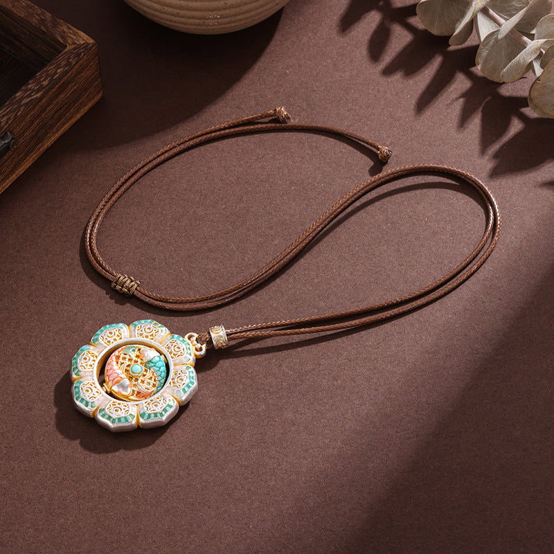Copper Sier-plated Enamel Double Fish Lotus National Style Chinese Koi Necklaces
