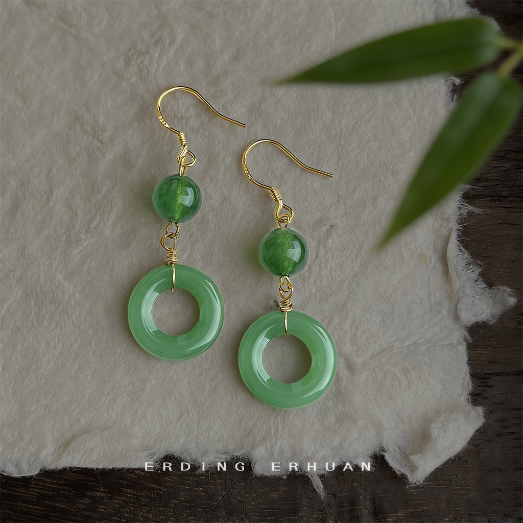 Costume Decoration Sier Plated Needle Agate Jade Green Handmade Design Rings