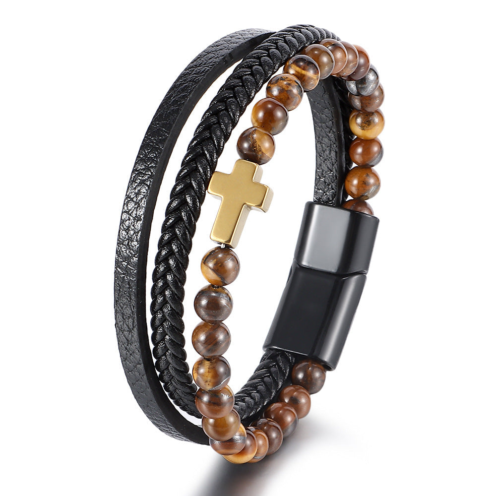 Men's Natural Tigereye Beaded Cross Woven Leather Bracelets