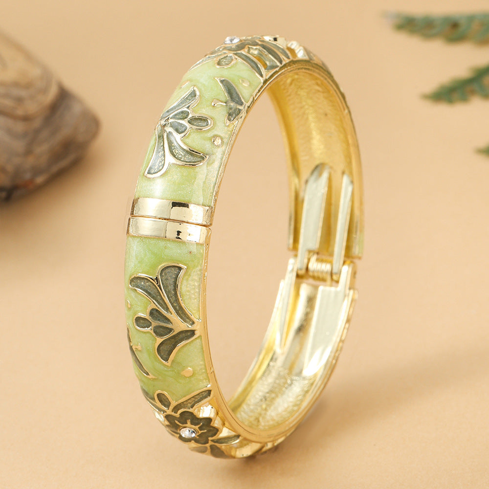 Tourist Souvenir Retro Style Flower Green Leaf Diamond Cloisonne Widened Bracelet