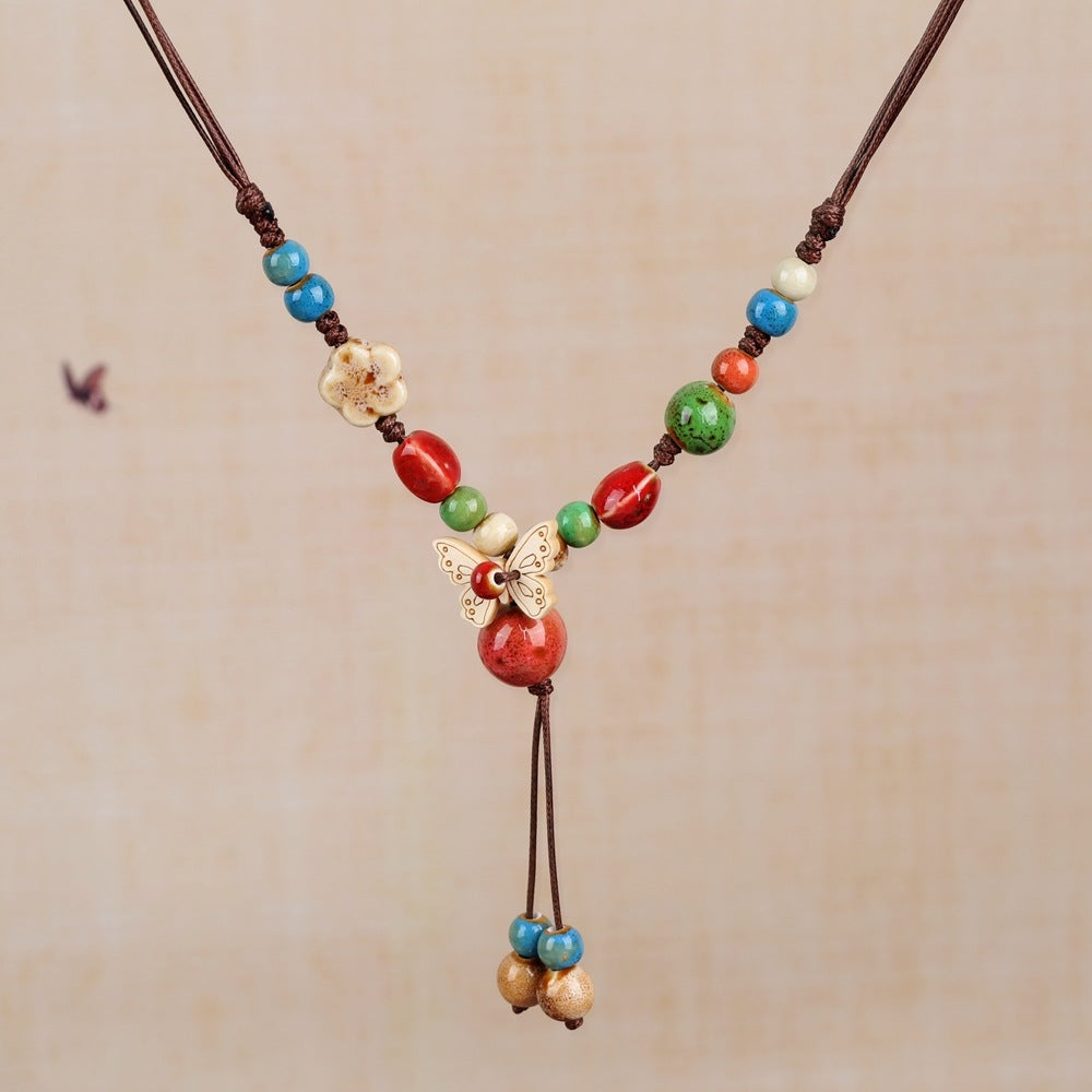 Women's Retro Ethnic Style Ceramic Butterfly Bell Fashionable Necklace
